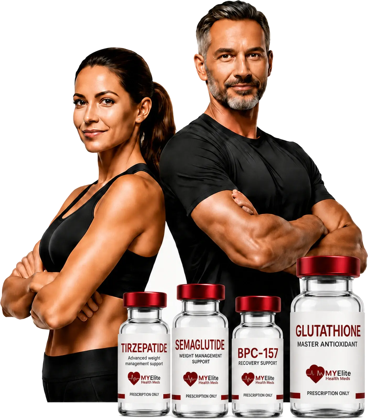 A man and a woman in their forties standing back to back with arms crossed, beside MYElite prescription vials